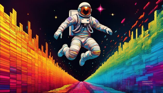 pixelated astronaut leaps over a rainbow colored chasm