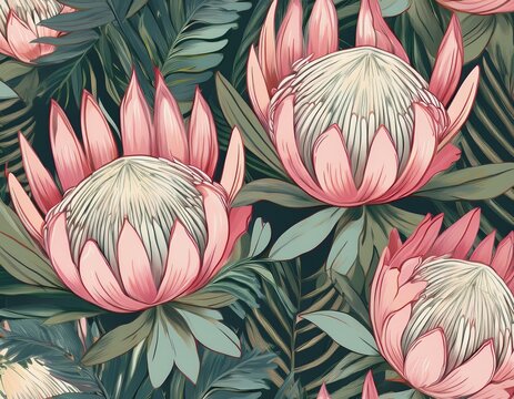 lush tropical floral seamless pattern in pink and sage green featuring protea and jungle foliage for luxury fashion and home decor