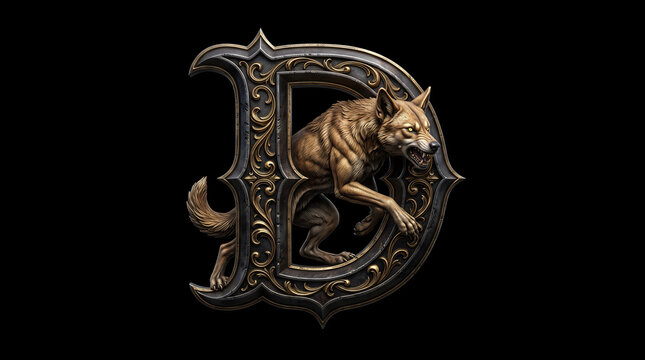 Gothic Letter D Monogram with Fierce Snarling Wolf, Ornate Dark Fantasy Crest Emblem Isolated on Black Background