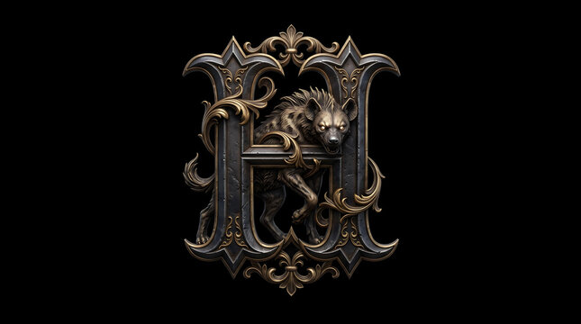Gothic Letter H Monogram featuring a Hyena, Ornate Dark Fantasy Initial Emblem with Vintage Metallic Filigree Detail Isolated on Black Background