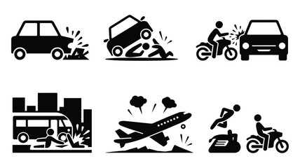 Naklejka premium Accident Icons Showing Car, Motorcycle, Bus, and Airplane Crash Symbols for Traffic Safety, Transportation Risk, Emergency Planning, and Insurance