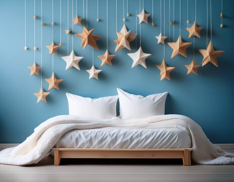 miniature bed under large white quilted duvet with hanging wooden stars soft pale blue background bedtime sleep and cozy dream concept copy space for text