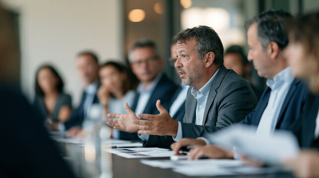 A boardroom mid-meeting, nine executives seated around a long table reviewing printed documents, one man in the foreground gesturing while speaking, natural candid engagement, cine