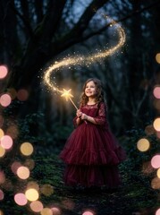 Obraz premium Little Girl in Burgundy Dress Holding a Magic Wand with Golden Sparkles in a Mystical Dark Forest Fairytale Concept