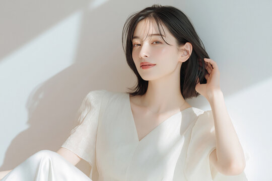 透明感のある白い肌の女性。ニュートラルトーンの背景。