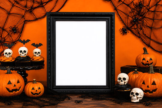 Spooky Halloween Table Mockup With Black Picture Frame And Jack O Lanterns Perfect for professional design presentations, autumn sales banners, and holiday cards.