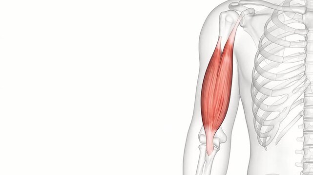 3D Medical Illustration of Human Biceps Brachii Muscle Flexing Elbow Joint