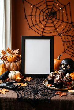 Halloween Table Mockup With Black Picture Frame Pumpkins And Skull Cupcakes Perfect for seasonal presentations, blog graphics, and holiday design displays.