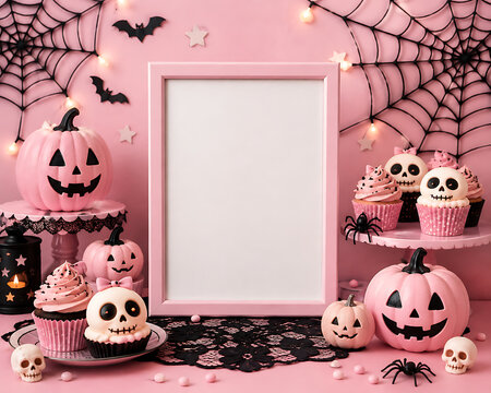 Cute Pink Pastel Halloween Mockup With Blank Picture Frame And Pumpkins Perfect for trendy boutique branding, feminine holiday designs, and social media posts.
