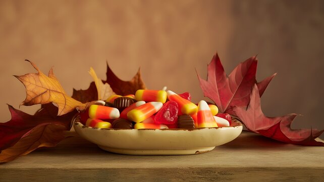 Bowl filled with halloween candy corn and red gummy treats surrounded by autumn leaves on a wooden table