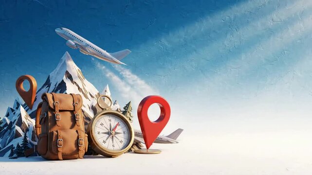 Travel Adventure Concept with Backpack Airplane and Compass Icons