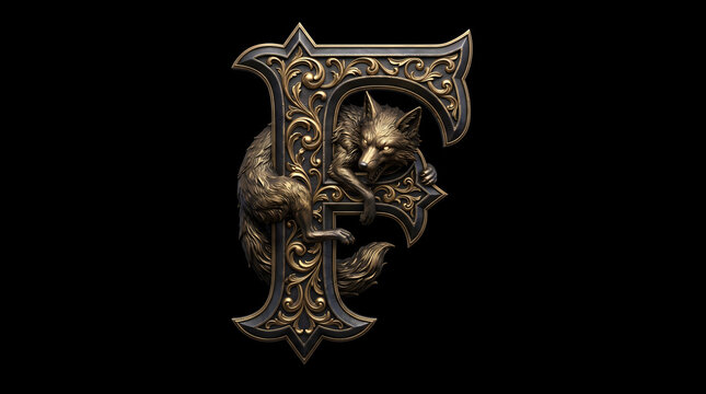 Ornate Gothic Letter F Monogram with Sculpted Fox, Vintage Bronze Filigree Capital Letter Typography
