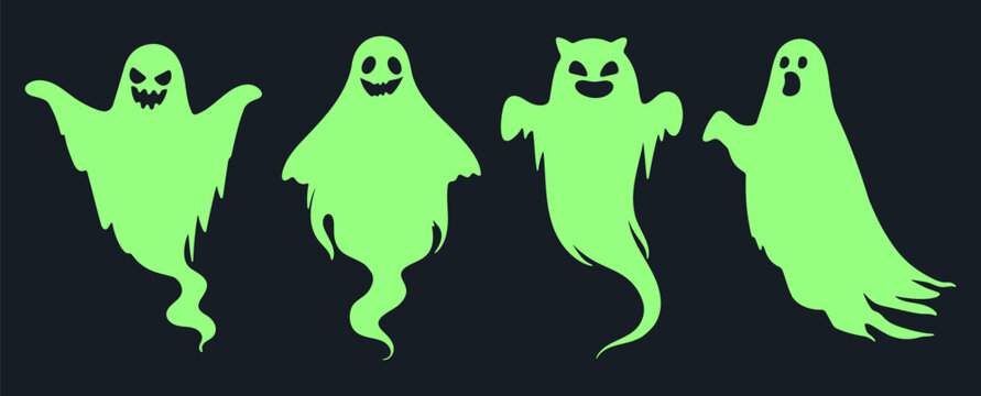 Ghost character collection. Scary Halloween ghosts in different floating poses flat vector illustration set. Spooky Halloween spirit graphics