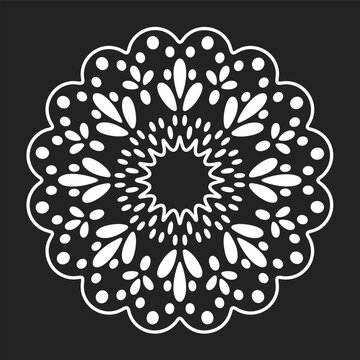 Floral lace ornament. Round crochet doily with bold petal and leaf cutouts flat vector illustration. Vintage decoration isolated on dark background