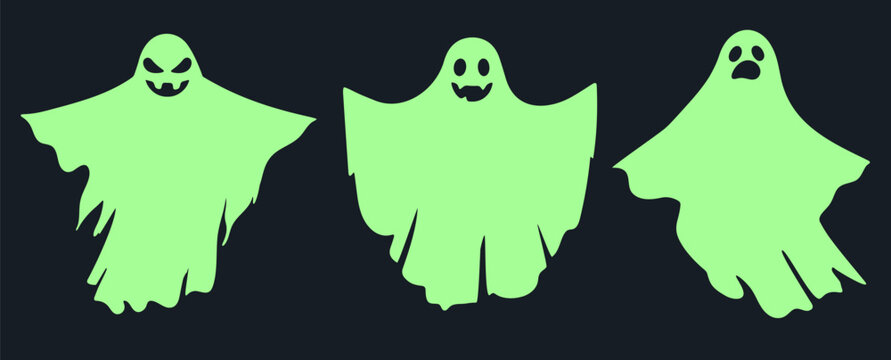 Halloween ghost silhouette. Flying ghost figures in varied shapes and poses flat vector illustration set. Spooky spirits collection