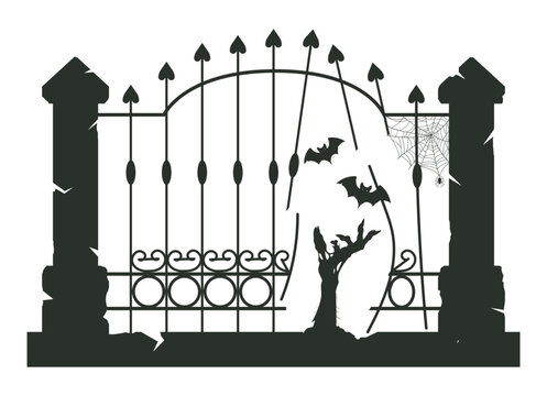 Gothic cemetery gate. Halloween wrought iron graveyard entrance with tombstones, bats and zombie hand flat vector illustration. Halloween scene isolated on white background