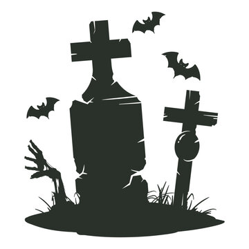 Halloween haunted cemetery scene. Spooky tombstone crosses with bats and zombie hand flat vector illustration. Creepy gothic graveyard isolated on white background