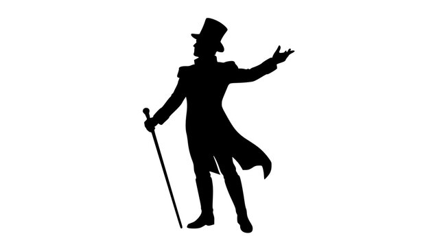 Classic circus ringmaster showman black silhouette vector with top hat cane and tailcoat