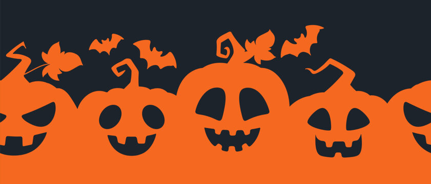 Halloween pumpkin seamless background. Carved jack o lantern expressions and spooky silhouettes flat vector illustration. Autumn holiday endless design