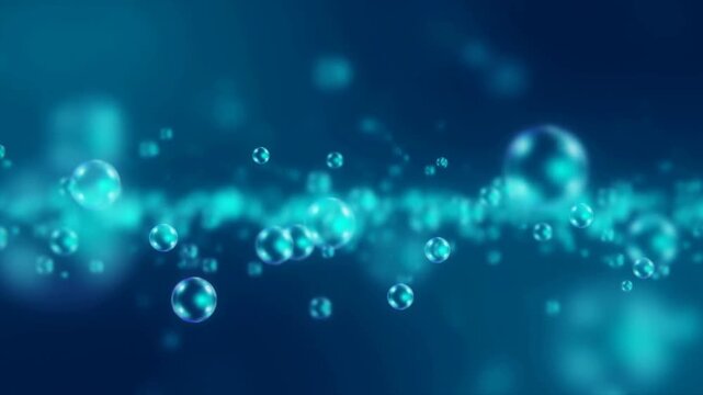 Air bubbles suspended in blue liquid with soft focus and layered depth