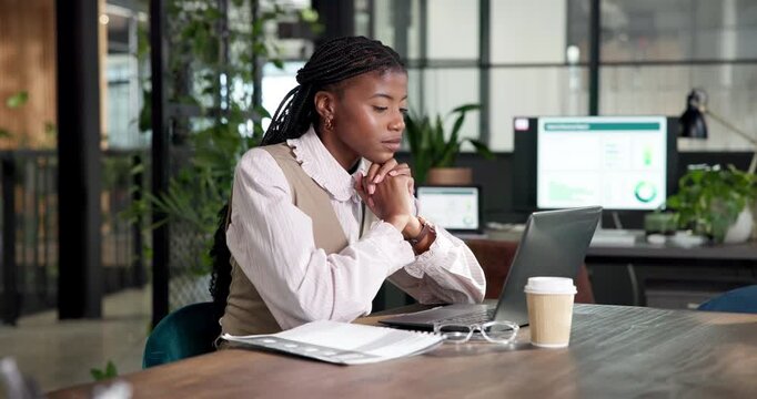 Smile, business and black woman in office with laptop, research and finance analysis for accounting. Thinking, person and typing in workplace with pc, financial stats and profit for revenue analytics
