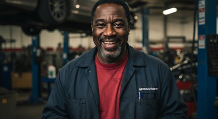 Fototapeta premium Joyful African American Mechanic with Genuine Smile in Busy Auto Repair Shop.
