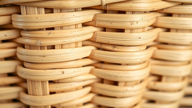 Macro close up of a woven wicker basket surface showing the detailed texture and pattern of light brown natural rattan