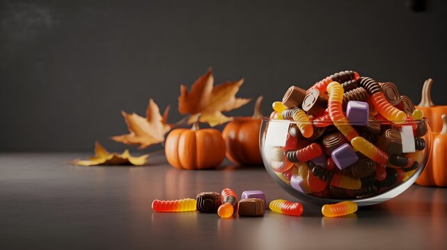 Glass bowl filled with Halloween candies and gummy worms surrounded by autumn pumpkins and dried maple leaves