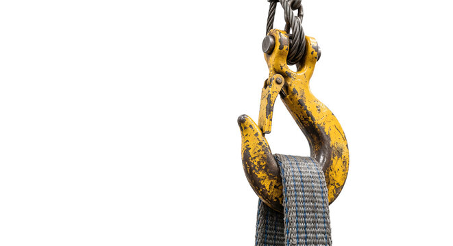 Heavy-duty yellow metal crane lifting hook with a wire cable and nylon sling