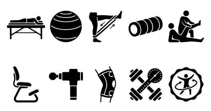 Physical Therapy Physiotherapy Rehabilitation Exercise Equipment Massage Gun Vector Icon Set