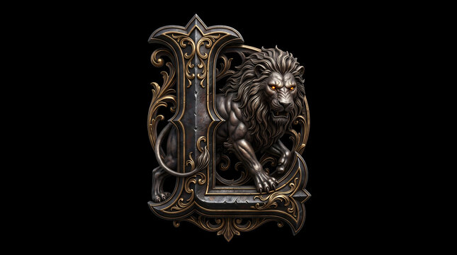 Powerful Bronze and Gold Letter L with Roaring Lion Emblem and Intricate Scrollwork on Black Background