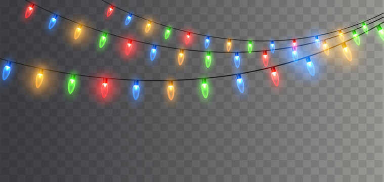 Christmas String Lights with Red, Blue, Green and Yellow Bulbs on Transparent Background