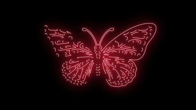 Glowing Red Neon Butterfly Wings Flapping Animation Isolated on Dark Black Background Loop