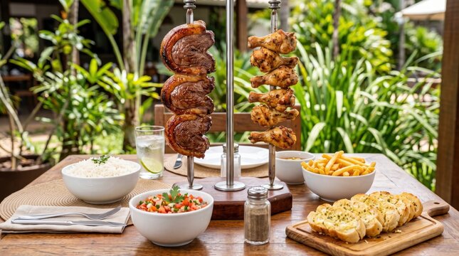 Brazilian barbecue lunch spread on table