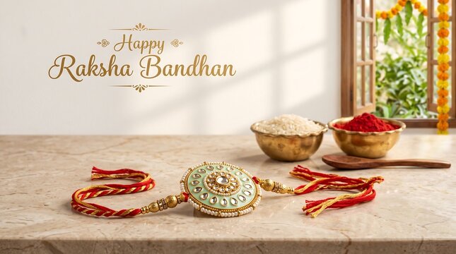 An ornate light green and gold rakhi thread placed on a marble surface with brass bowls of rice and kumkum powder, featuring elegant calligraphy text reading "Happy Raksha Bandhan."