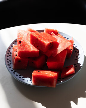 Fresh Watermelon Cubes on Patterned Plate
