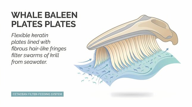 Detailed Illustration of Whale Baleen Plates Filtering Krill from Seawater.