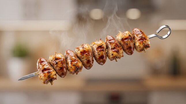 Skewered roasted chicken hearts with steam