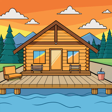 A beautiful log cabin with a wooden floor overlook. 