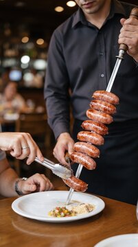 Waiter serving skewer of sausages to customer