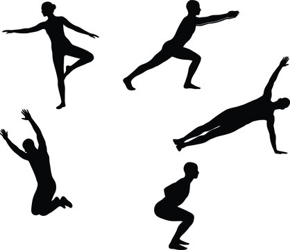 Fitness silhouette vector set, athletic people exercising icons, black workout figures in training poses, gym and yoga silhouettes