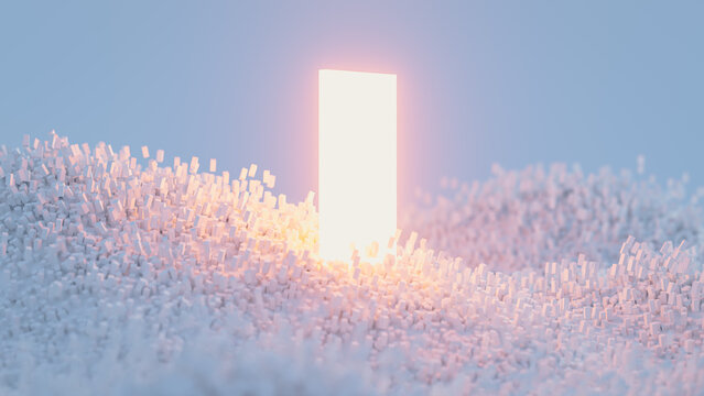 Glowing abstract particle background shows light through a door