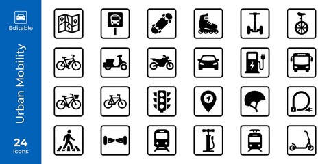 Set of black and white line icons representing various modes of urban transportation and city travel symbols © Afsana