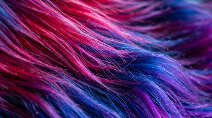Obraz premium Vibrant dyed hair flows with glowing pink, purple, and blue tones in soft light. Stunning texture background for beauty and hair salon marketing.