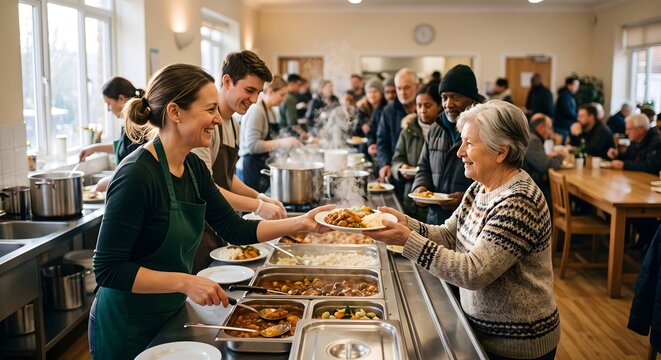 Compassionate volunteers serve warm meals to community members at a charity event, fostering togetherness and support for those in need