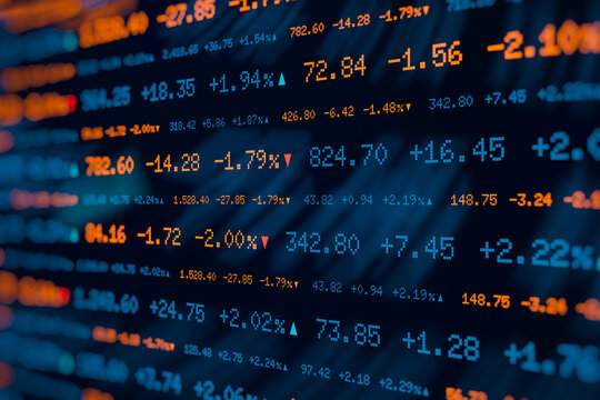 Stock market ticker display showing digital numbers and index price movement percentage. Financial trading, forex exchange rate or investment market analysis concept for business news and fintech.