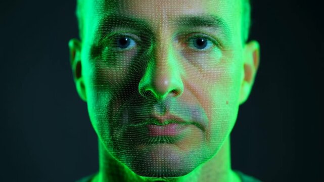 Mans face with digital facial mapping dots under green light in a dark setting, facing forward