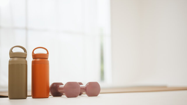 fitness workout exercise with hydration water; home workout equipment and bottles. fitness guides buyer choices, workout frames the scene, and exercise adds useful meaning. In a clear visual scene.