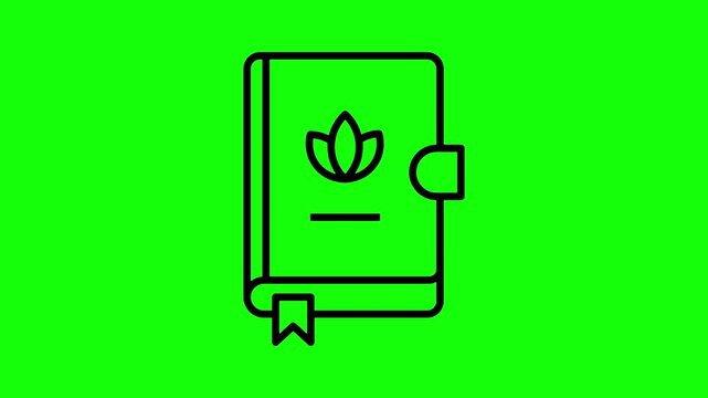 Animated black line icon of an ecology book with leaf symbol on a bright green screen background for video editing.