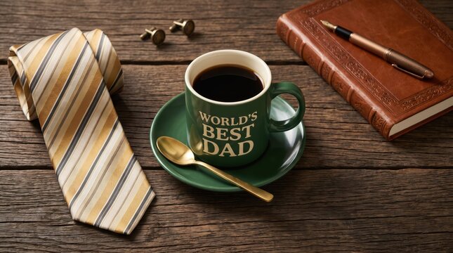Worlds best dad mug filled with hot dark coffee sitting beside striped necktie and vintage leather notebook on wooden table